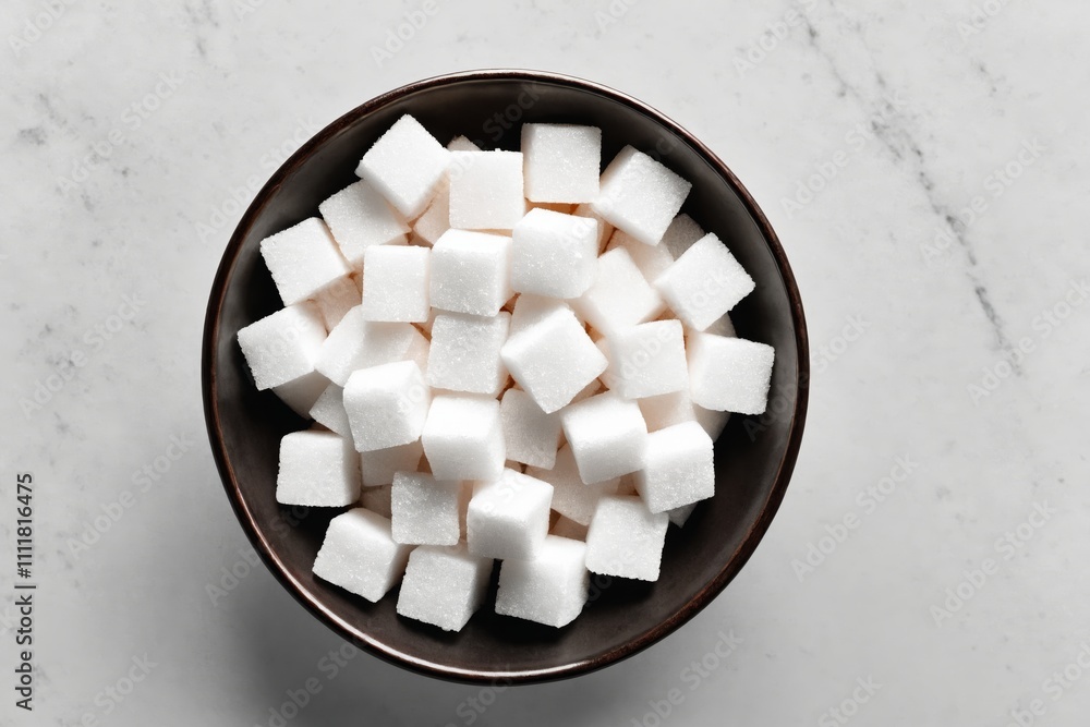 Bowl of white sugar cubes on marble surface Bowl of white sugar cubes on marble surface