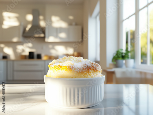 Fluffy Lemon Soufflé in White Ramekin on Sunlit Kitchen Counter, Perfect Airy Dessert for Elegant Dining