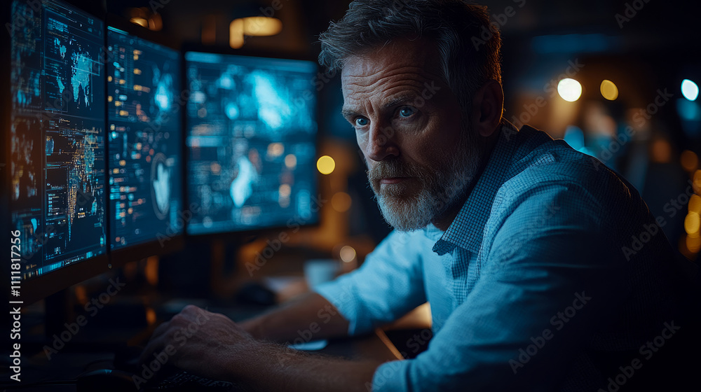 Analyst intently observes various data on large screens, engaged in critical analysis during a late-night work session in a control room Analyst intently observes various data on large screens, engaged in critical analysis during a late-night work session in a control room