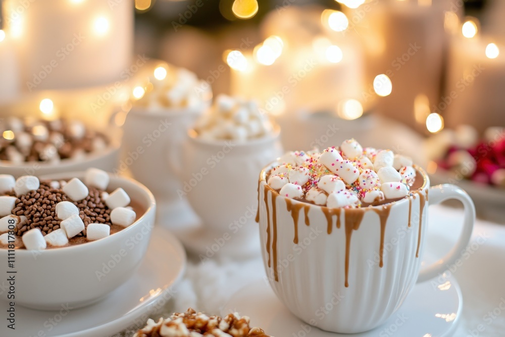 Cozy evening scene featuring a hot chocolate bar winter wonderland food photography warm ambiance close-up viewpoint festive concept with delicious sweets and whipped cream delight Cozy evening scene featuring a hot chocolate bar winter wonderland food photography warm ambiance close-up viewpoint festive concept with delicious sweets and whipped cream delight