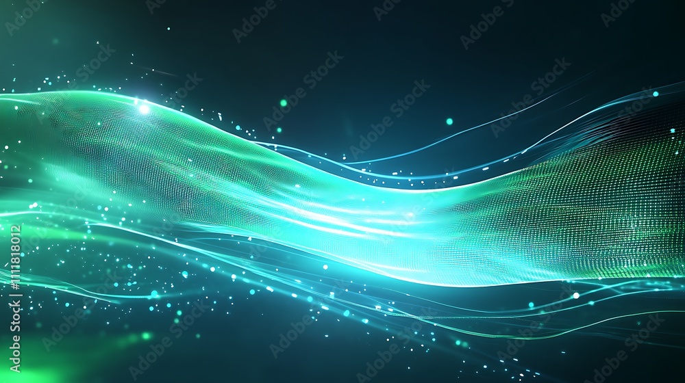 custom made wallpaper toronto digitalAbstract flowing waves of green light with glowing particles creating a sense of motion and energy in dark space