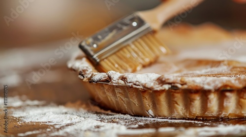 A close-up of a baker brushing the crust of a freshly baked pie with a pastry brush. The golden-brown crust and the warm, inviting light create a mouthwatering image