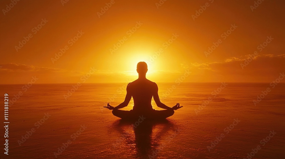 A person sits cross-legged on the beach, meditating as the sun sets over the horizon, casting a warm glow on the tranquil waters A person sits cross-legged on the beach, meditating as the sun sets over the horizon, casting a warm glow on the tranquil waters