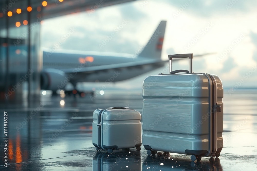 Travel luggage in an airport setting at different times of the day, AI generated image Travel luggage in an airport setting at different times of the day, AI generated image