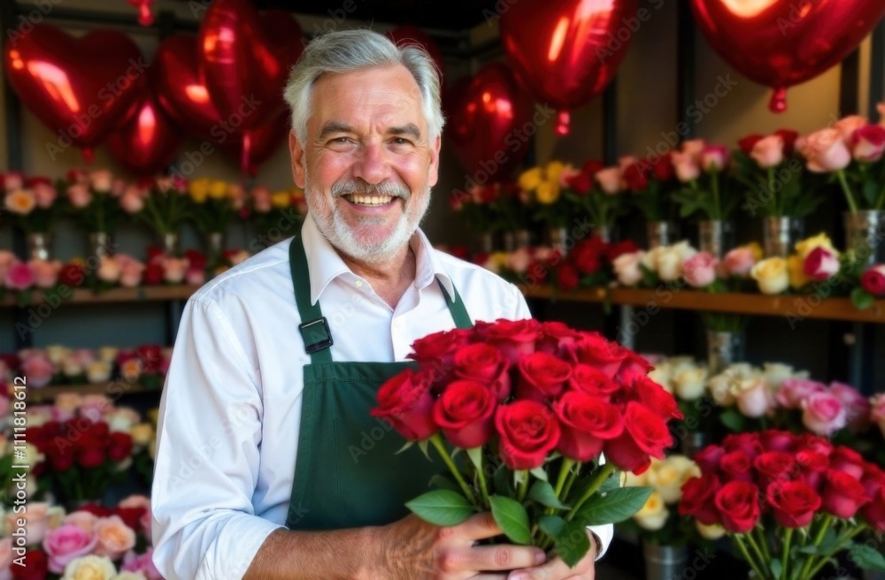 Handsome elderly man seller in flower shop holds chic bouquet of red roses in his hands. Florist shop with many flowers is decorated with red heart-shaped balloons. Handsome elderly man seller in flower shop holds chic bouquet of red roses in his hands. Florist shop with many flowers is decorated with red heart-shaped balloons.