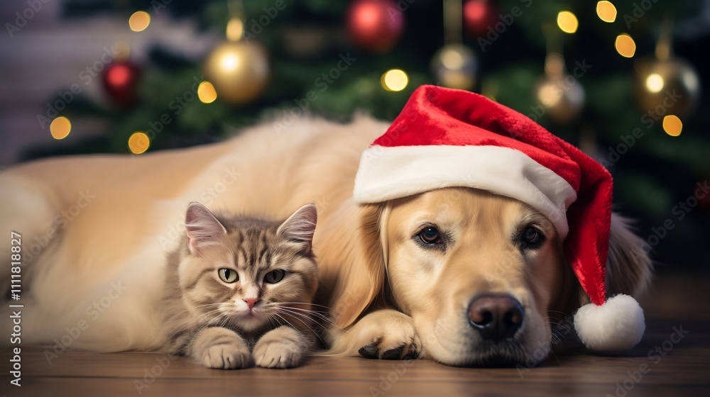 Two adorable pets a golden retriever and a cat are cozily snuggling together under a beautifully decorated Christmas tree both wearing festive Santa hats creating a heartwarming holiday scene Two adorable pets a golden retriever and a cat are cozily snuggling together under a beautifully decorated Christmas tree both wearing festive Santa hats creating a heartwarming holiday scene