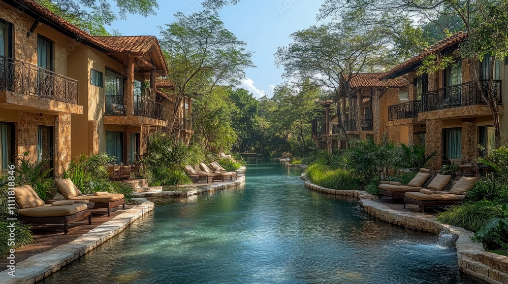 Obraz premium A peaceful resort features elegant villas beside a calm waterway, inviting relaxation and enjoyment of nature in a vibrant, green environment