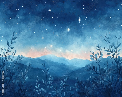 A serene night sky over mountains, adorned with stars and silhouetted foliage.