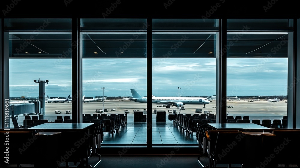 Fototapeta premium Airport terminal views with planes on the runway through glass windows, AI generated image