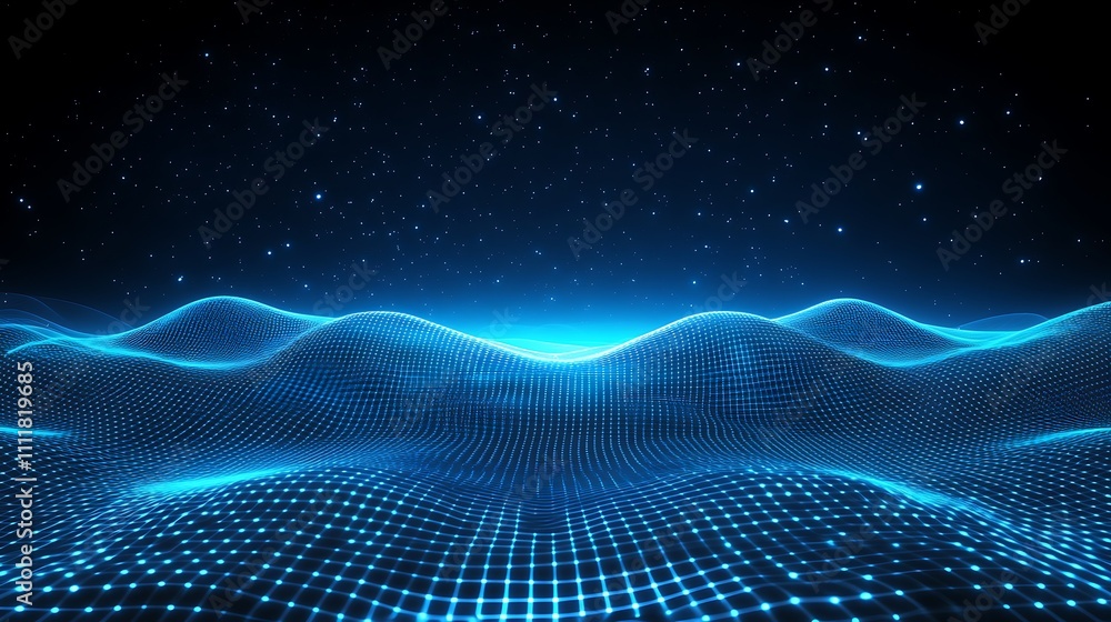 Abstract futuristic landscape with glowing blue waves and starry night sky suitable for technology and science themes Abstract futuristic landscape with glowing blue waves and starry night sky suitable for technology and science themes