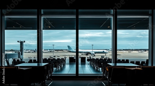 Airport terminal views with planes on the runway through glass windows  AI generated image