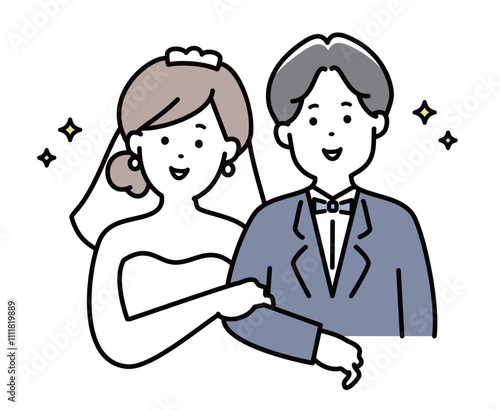 笑顔で腕組みをする新郎新婦のイラスト素材　上半身