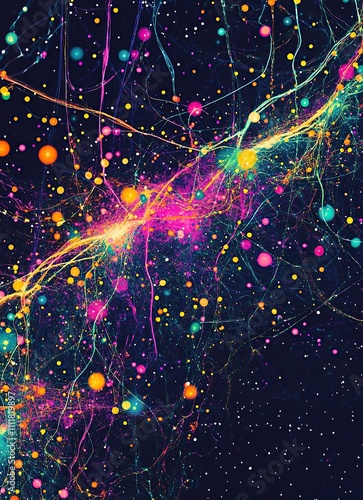 A vibrant, abstract representation of cosmic elements and neural connections.