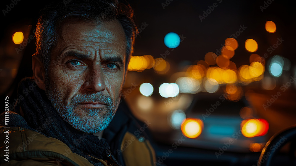 A mature man stares intently while driving in a dimly lit city, contrasting against the vibrant, glowing lights of the surroundings A mature man stares intently while driving in a dimly lit city, contrasting against the vibrant, glowing lights of the surroundings