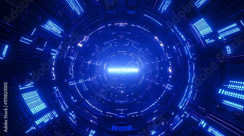 Abstract futuristic tunnel with glowing blue lights and intricate circuitry details, perfect for science fiction themes