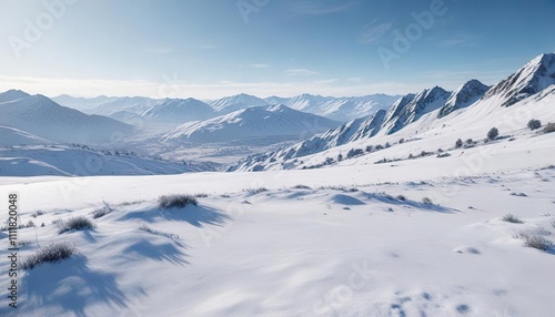 A blue and white snowy scene with hills in the distance, serene hills, wintry wonderland