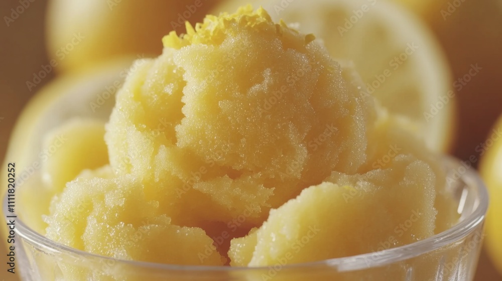 Close-up of Lemon Sorbet with Lemon Zest in a Clear Glass Close-up of Lemon Sorbet with Lemon Zest in a Clear Glass