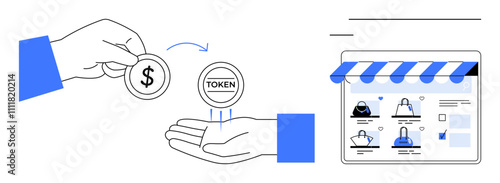 Hands exchanging money for tokens, indicating a digital transaction near an e-commerce storefront. Ideal for online shopping, digital transactions, currency exchange, e-commerce, token systems