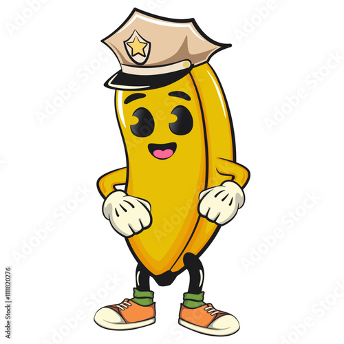 cute banana cartoon character mascot with policeman hat, cute fruit cartoon, work of hand drawn