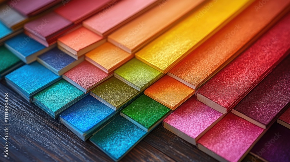 Color samples display showcasing a spectrum of rainbow hues arranged in a vibrant gradient across various surfaces Color samples display showcasing a spectrum of rainbow hues arranged in a vibrant gradient across various surfaces