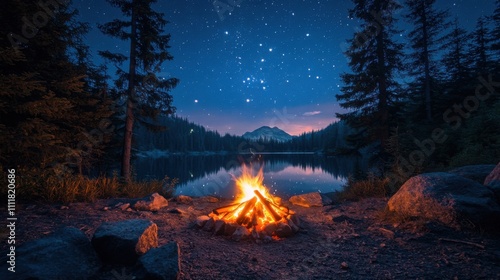 Wallpaper Mural Glowing campfire illuminates tranquil lake under a starry night sky in a peaceful natural setting Torontodigital.ca