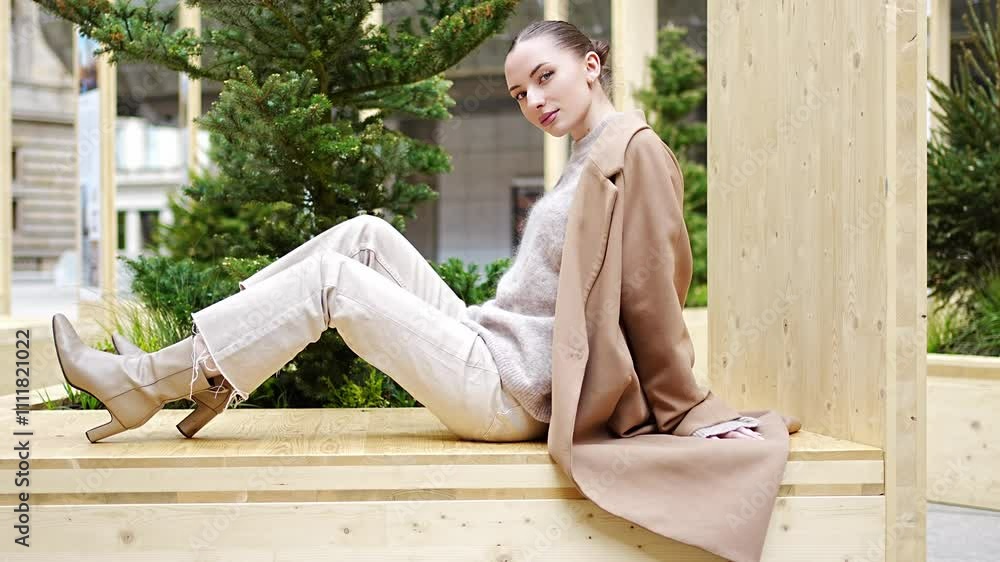 Young woman wearing coat having fun in the city centre of Prague, Europe