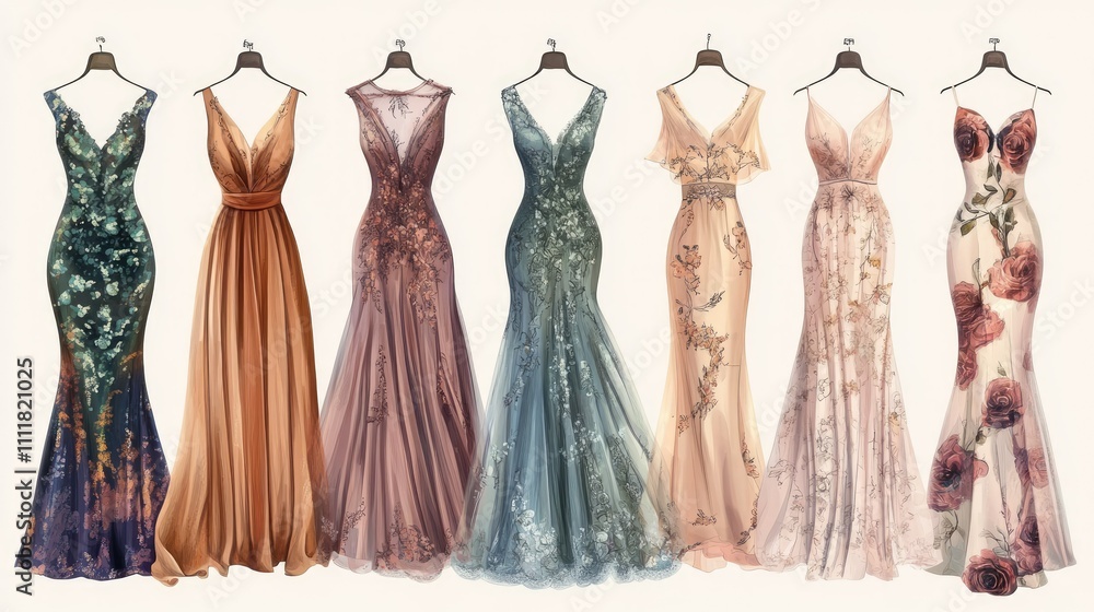 Stylish dress illustrations with soft colors and intricate patterns, perfect for formal and casual events Stylish dress illustrations with soft colors and intricate patterns, perfect for formal and casual events