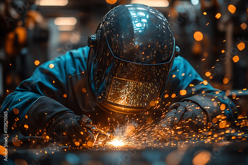 Close-up of a welder’s helmet and hands welding a metal structure, with glowing sparks illuminating the industrial workshop and creating a gritty, authentic mood