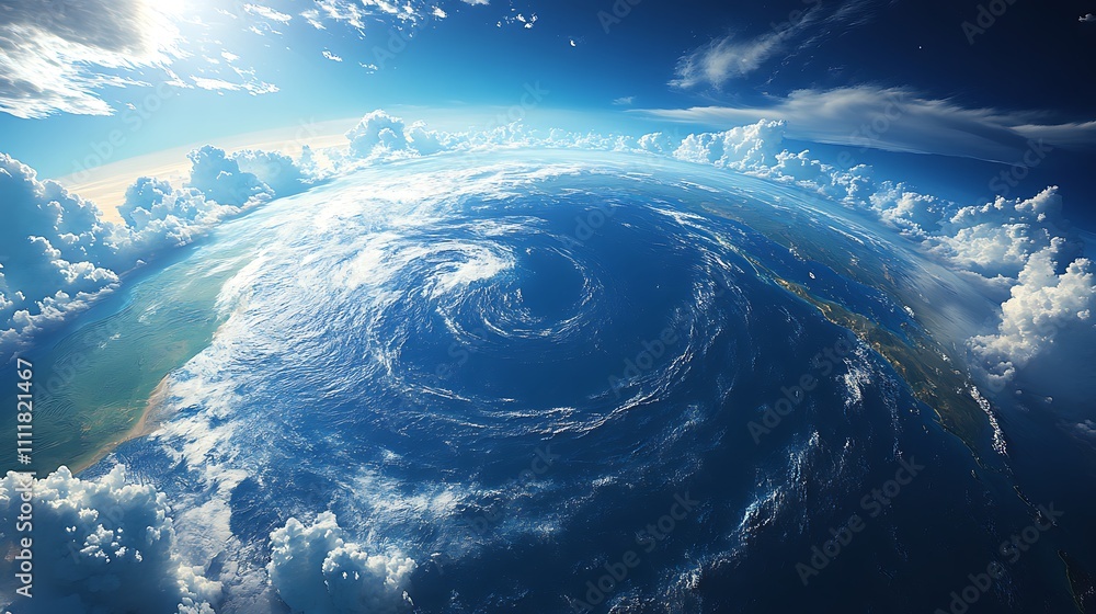 Fototapeta premium Stunning aerial view of Earth, showing swirling clouds, ocean, and landmasses.