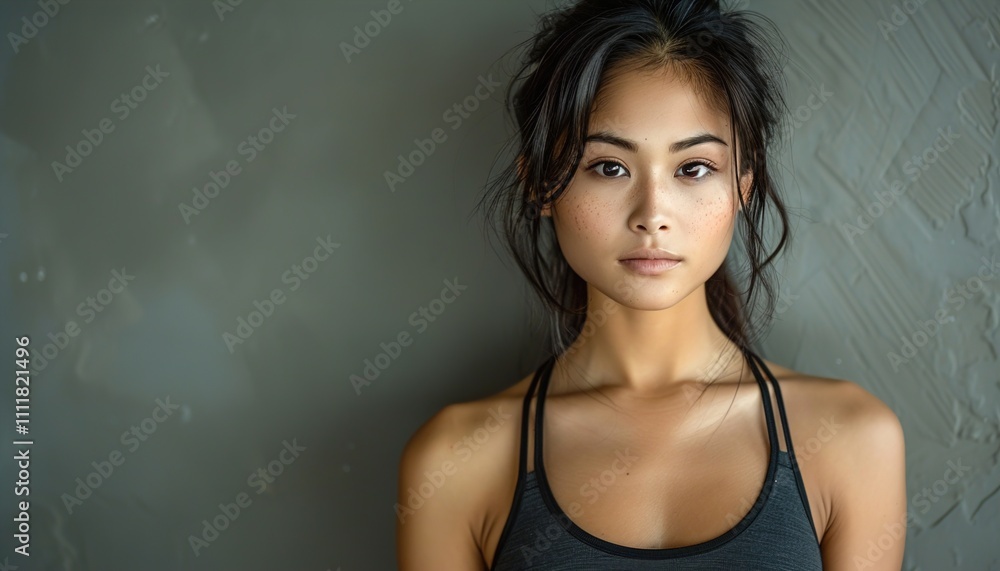 Young Asian fit sexy woman standing isolated on a gray background. Young Asian fit sexy woman standing isolated on a gray background.
