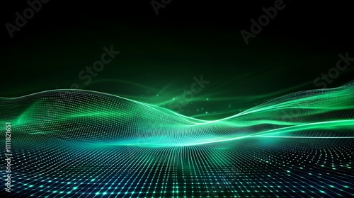 Abstract Green Wave Digital Landscape with Light Particles and Flowing Lines for Futuristic Background