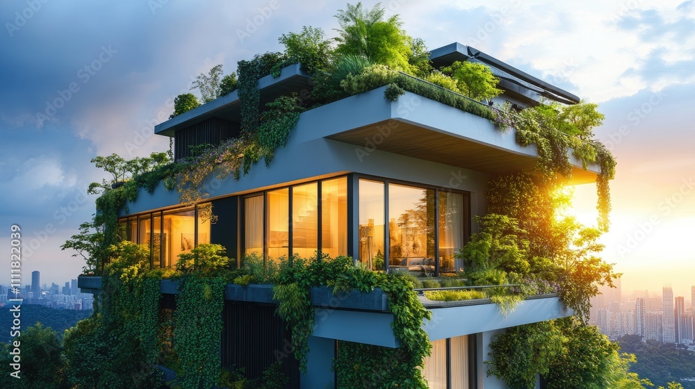 Modern eco-friendly apartment building with rooftop garden at sunset. Modern eco-friendly apartment building with rooftop garden at sunset.