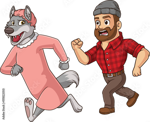 Woodsman chasing the big bad wolf who is dressed as grandma vector image