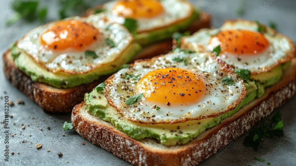 Delicious avocado toast topped with a perfectly fried egg and spices on a rustic plate Delicious avocado toast topped with a perfectly fried egg and spices on a rustic plate