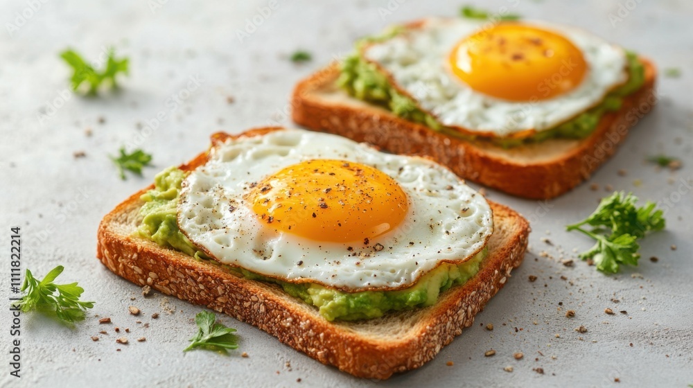 Freshly toasted bread features creamy avocado and a sunny-side-up egg, garnished with herbs and chili flakes, alongside ripe cherry tomatoes. Freshly toasted bread features creamy avocado and a sunny-side-up egg, garnished with herbs and chili flakes, alongside ripe cherry tomatoes.