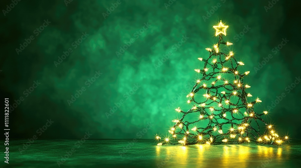 Twinkling Christmas lights arranged in the shape of a fir tree on a vibrant green background, glowing softly Twinkling Christmas lights arranged in the shape of a fir tree on a vibrant green background, glowing softly