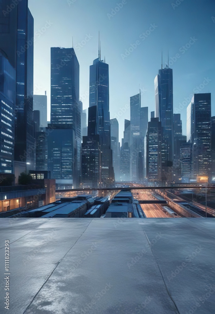 Gradated blue background with blurred urban landscape, scenery, nightfall, city Gradated blue background with blurred urban landscape, scenery, nightfall, city