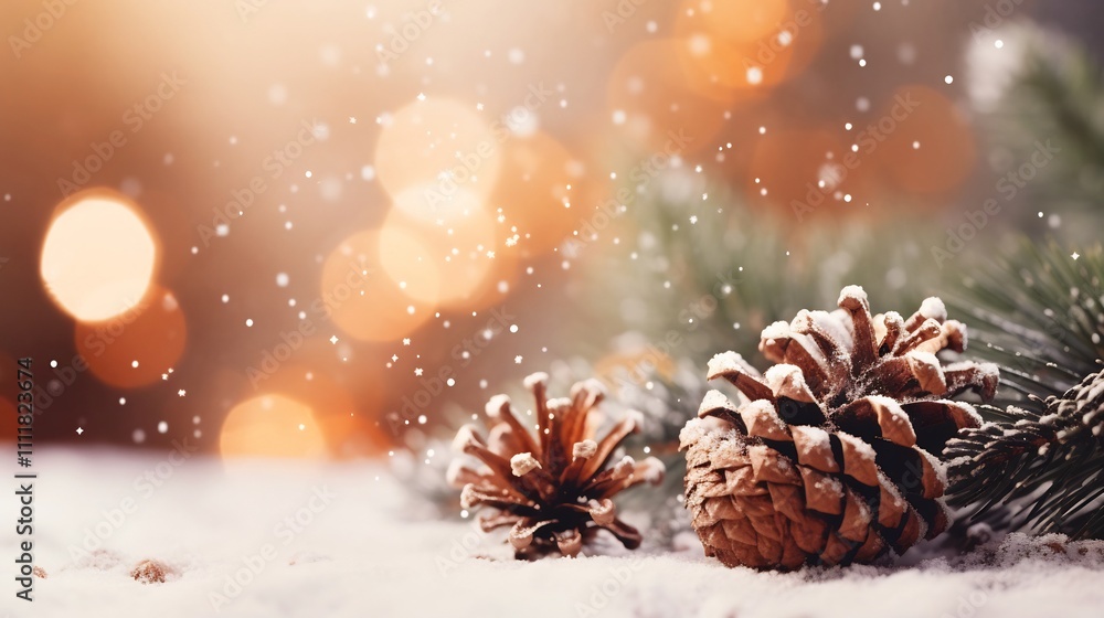 Close up of Merry Christmas text handwritten in sparkling white snow with pine cones and other winter decorative elements nearby Festive seasonal and cozy holiday background Close up of Merry Christmas text handwritten in sparkling white snow with pine cones and other winter decorative elements nearby Festive seasonal and cozy holiday background