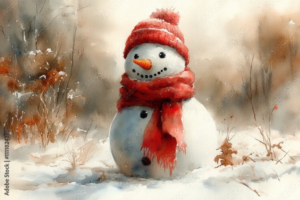 Obraz premium Charming Snowman Wearing a Scarf in a Serene White Background