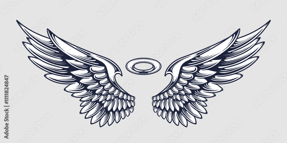Obraz premium Angel wing illustration vector, wings graphic element, thin line black, angelic feathered vector