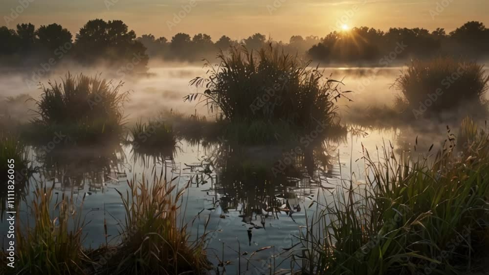 Nature Animation. Morning mist over reeds, with the soft light of dawn enhancing the peaceful and tranquil landscape. Realistic motion. Nature Animation. Morning mist over reeds, with the soft light of dawn enhancing the peaceful and tranquil landscape. Realistic motion.