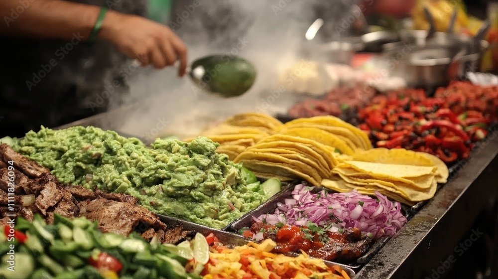 Obraz premium A street food vendor prepares tacos with various fillings and toppings.