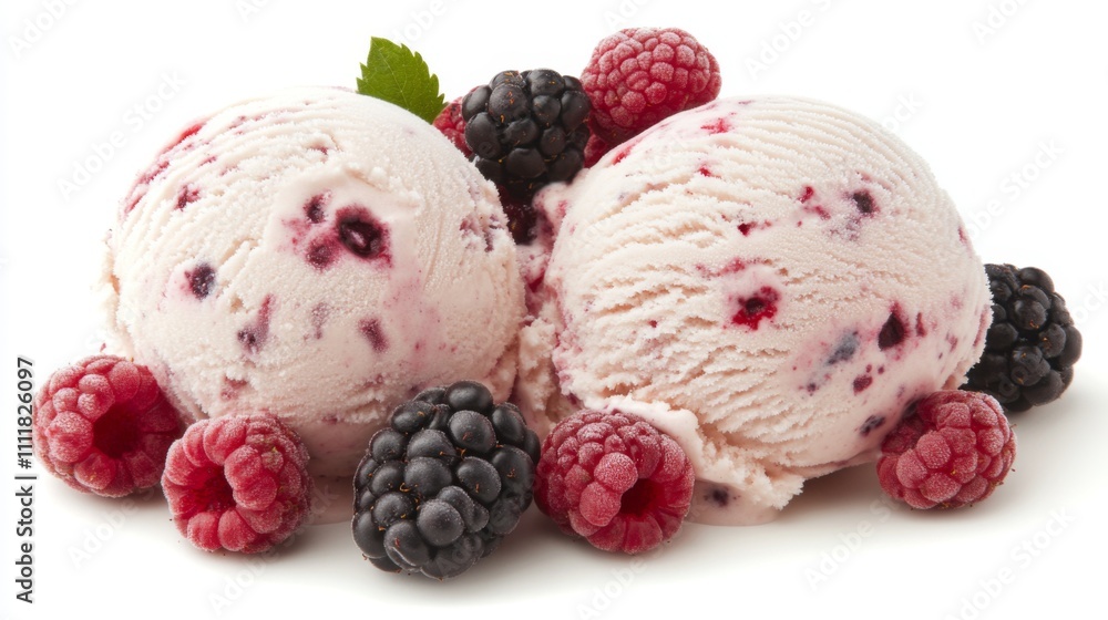 Two Scoops of Berry-Swirled Ice Cream with Raspberries and Blackberries Two Scoops of Berry-Swirled Ice Cream with Raspberries and Blackberries