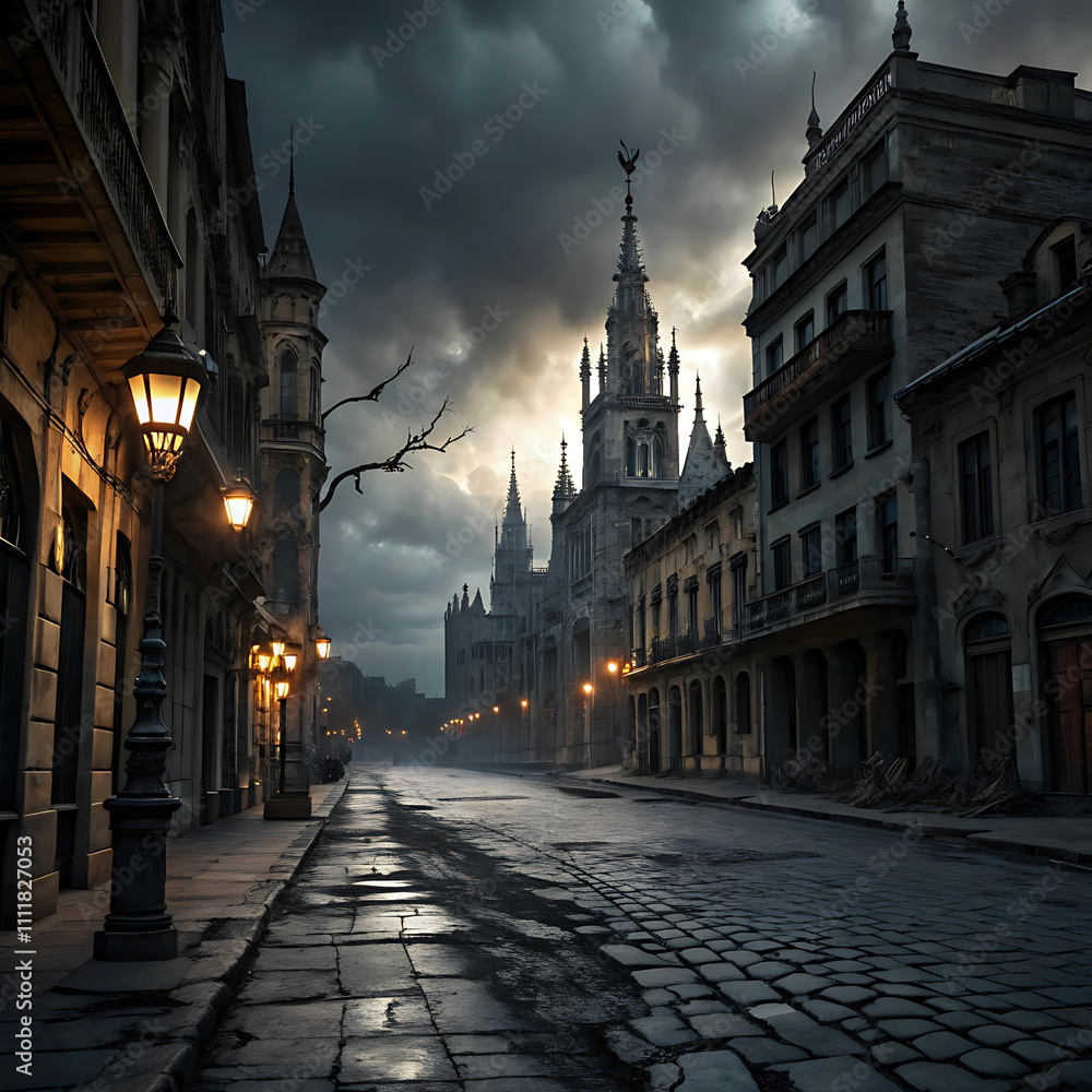 Naklejka premium A City of Decaying Spires, Cracked Streets, Dark Clouds, and Flickering Lanterns