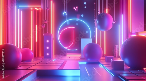 Abstract neon light background with spheres and geometric shapes.
