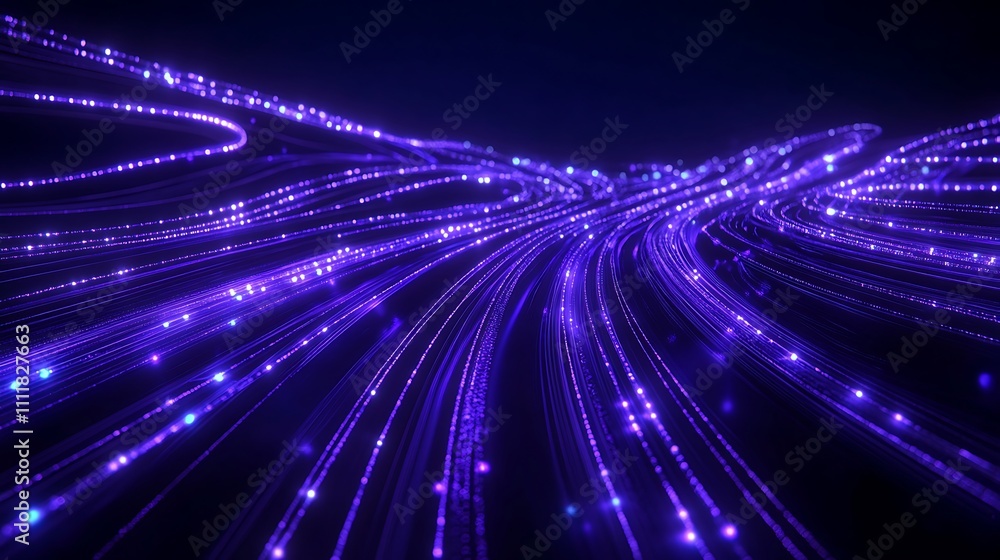 Dynamic Flow of Purple Light Trails Across a Dark Background with Soft Glowing Particles and Wave Patterns Dynamic Flow of Purple Light Trails Across a Dark Background with Soft Glowing Particles and Wave Patterns