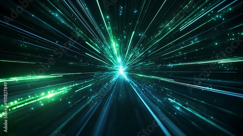 Dynamic Light Rays in Motion with Bright Green Sparkles Creating an Abstract Sci-Fi Background