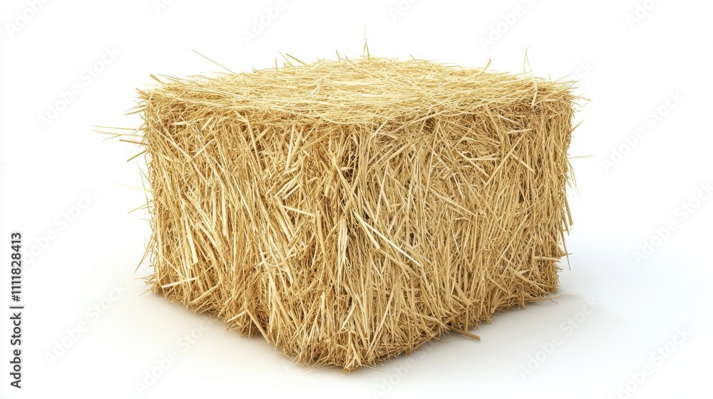 A realistic square compressed straw bale lying on a white background, with finely detailed golden straw fibers. A realistic square compressed straw bale lying on a white background, with finely detailed golden straw fibers.