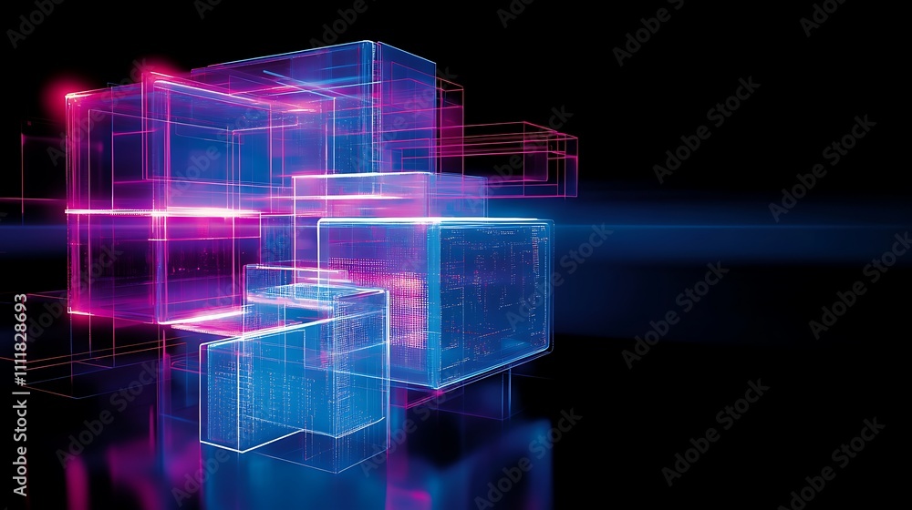 Obraz premium Futuristic Abstract 3D Shapes with Neon Colors and Light Effects on Dark Background for Modern Design Concepts