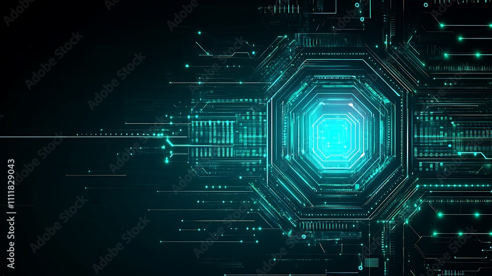Obraz premium Futuristic Abstract Background with Digital Hexagonal Elements and Glowing Light Effects in Blue and Green Colors